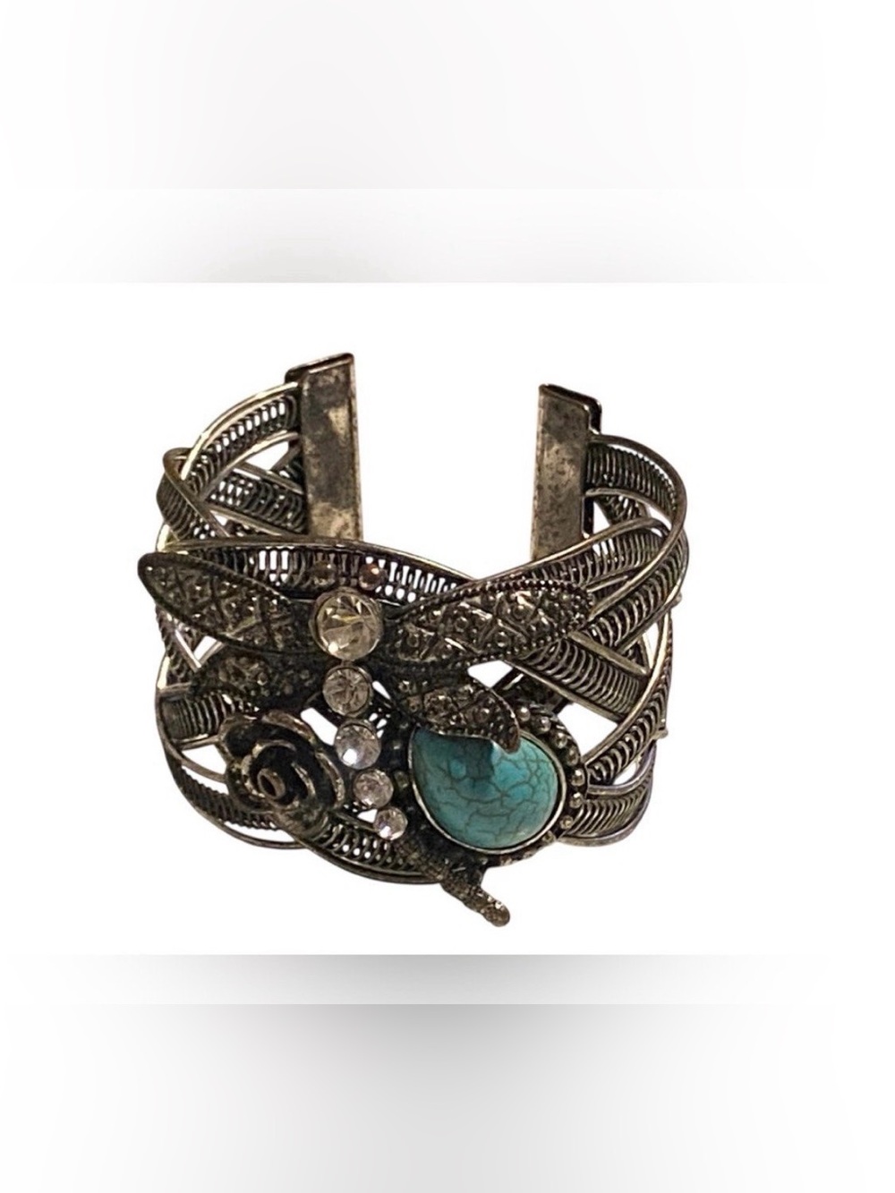 Dragonfly Faux Turquoise Silver Tone Cuff Bracelet #7295